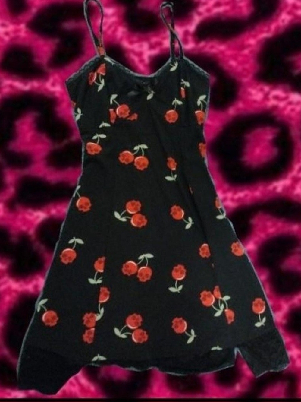 Black Cherry-Print Spaghetti Strap Casual Dress